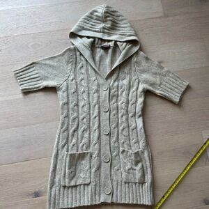 Hooked Up by IOT Womens Oatmeal Beige Cable Knit Short Sleeve Hooded Cardigan L